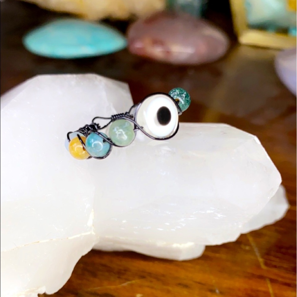Moss agate evil eye ring
